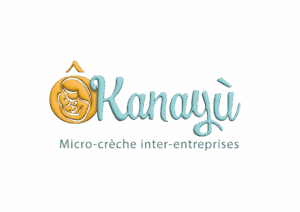Logo Kanayù, micro-crèche inter-entreprises, avec un symbole jaune d'une mère tenant un bébé et texte bleu.